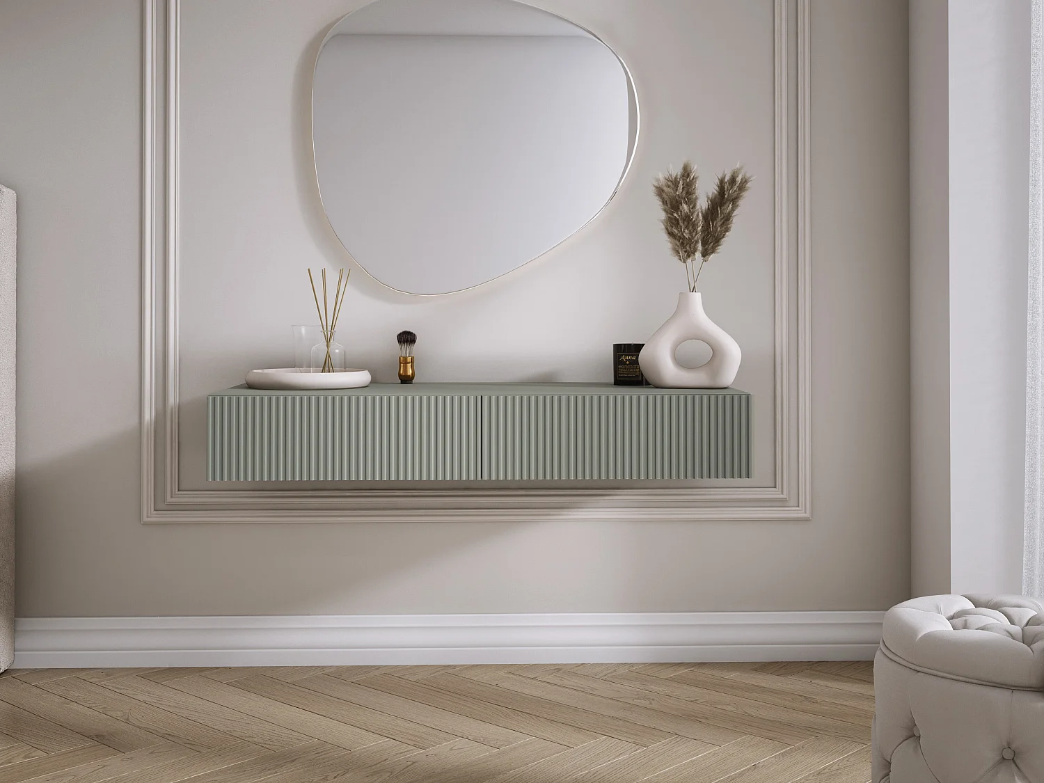 Coiffeuse suspendue avec deux tiroirs, façade rainurée - Couleur : aloès vert, 100 x 40 x 16 cm