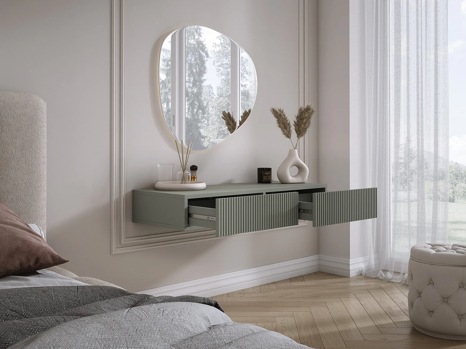 Coiffeuse suspendue avec deux tiroirs, façade rainurée - Couleur : aloès vert, 100 x 40 x 16 cm