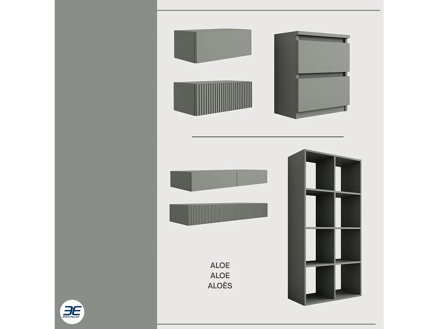 Coiffeuse suspendue avec deux tiroirs, façade rainurée - Couleur : aloès vert, 100 x 40 x 16 cm