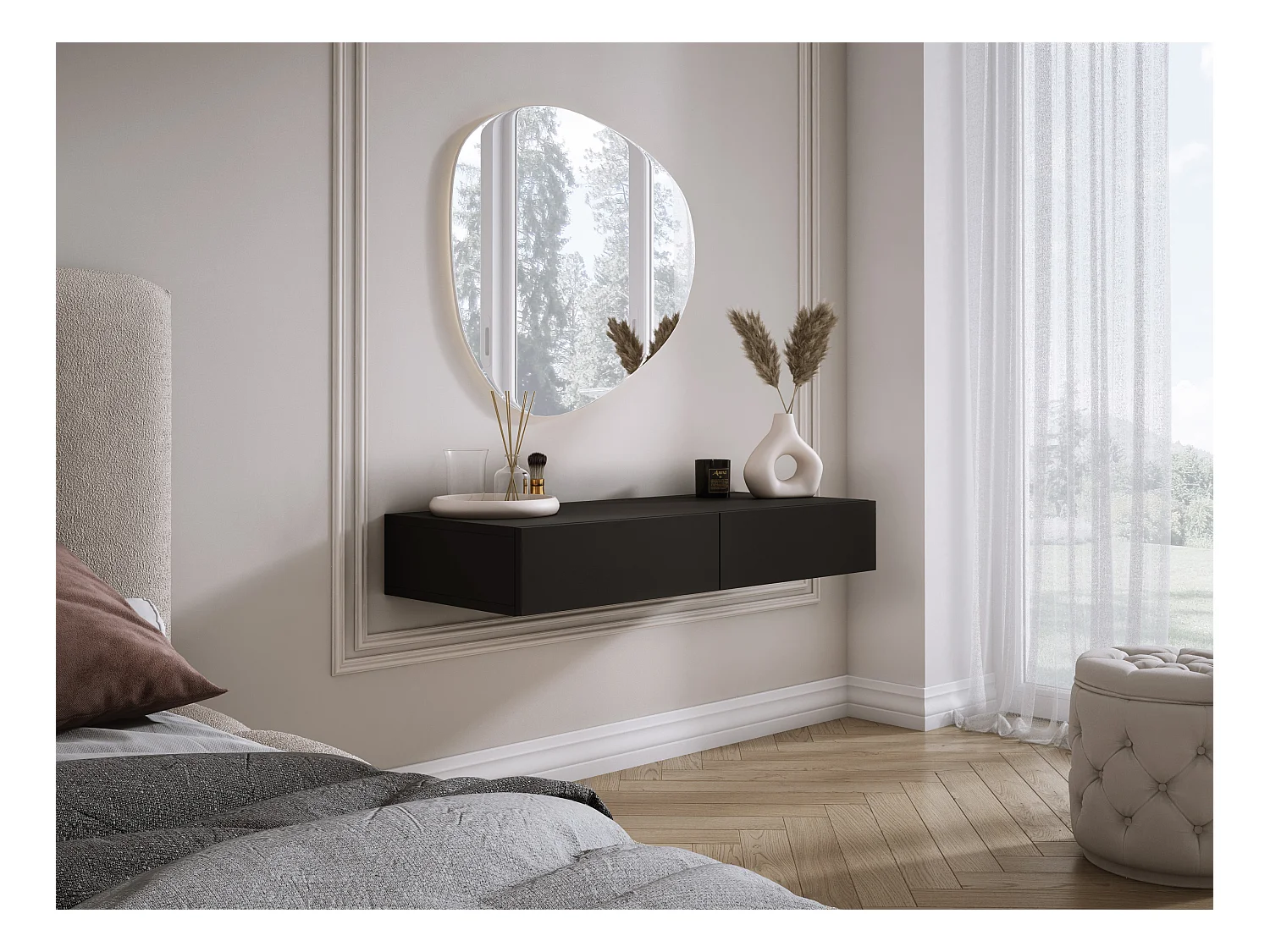 Coiffeuse suspendue avec deux tiroirs, façade lisse - Couleur : noir, 100 x 40 x 16 cm