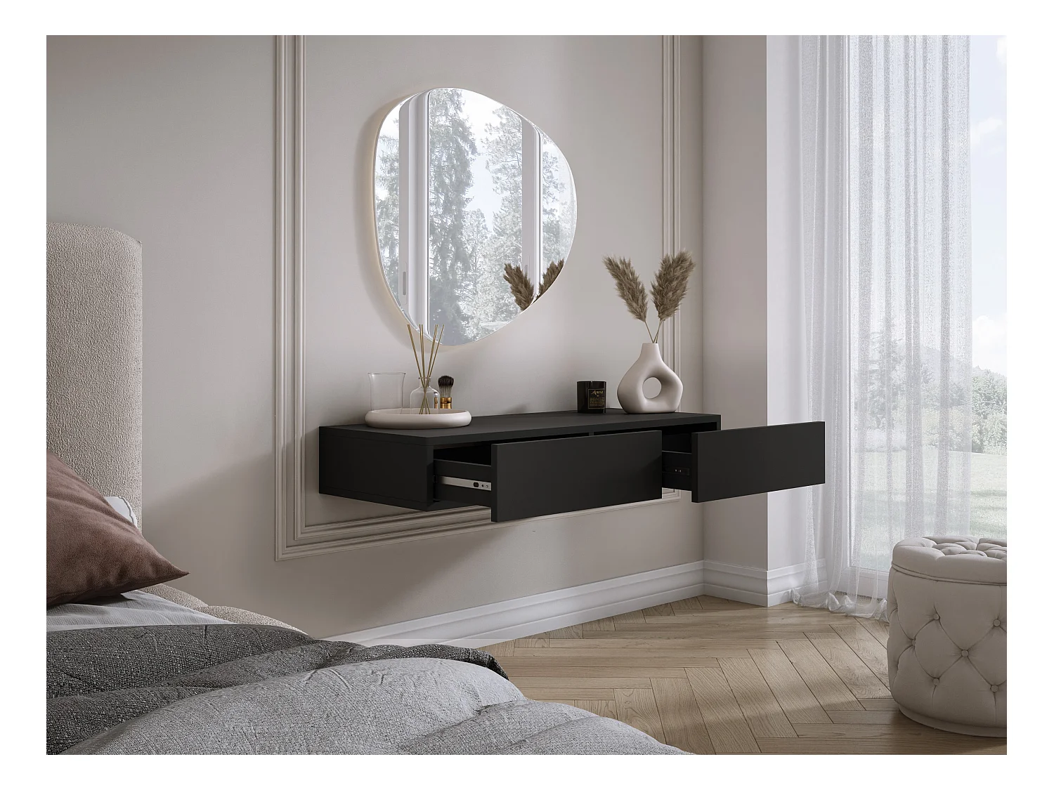 Coiffeuse suspendue avec deux tiroirs, façade lisse - Couleur : noir, 100 x 40 x 16 cm