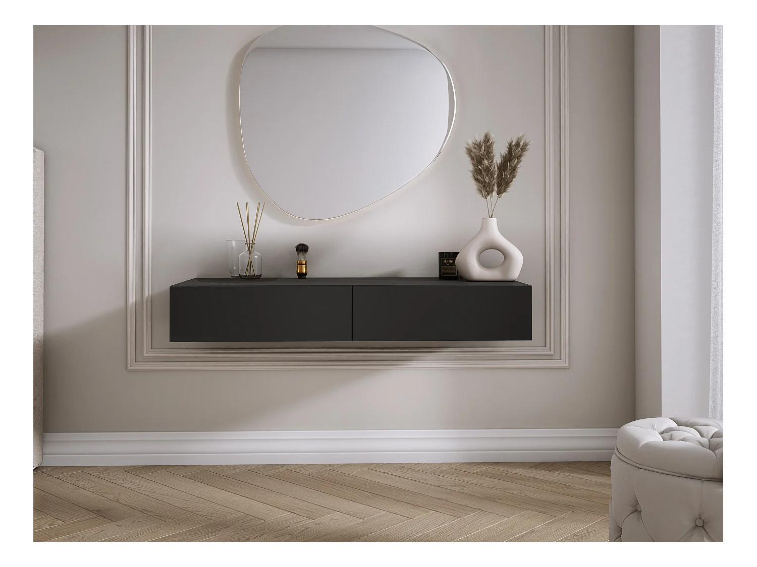 Coiffeuse suspendue avec deux tiroirs, façade lisse - Couleur : noir, 100 x 40 x 16 cm