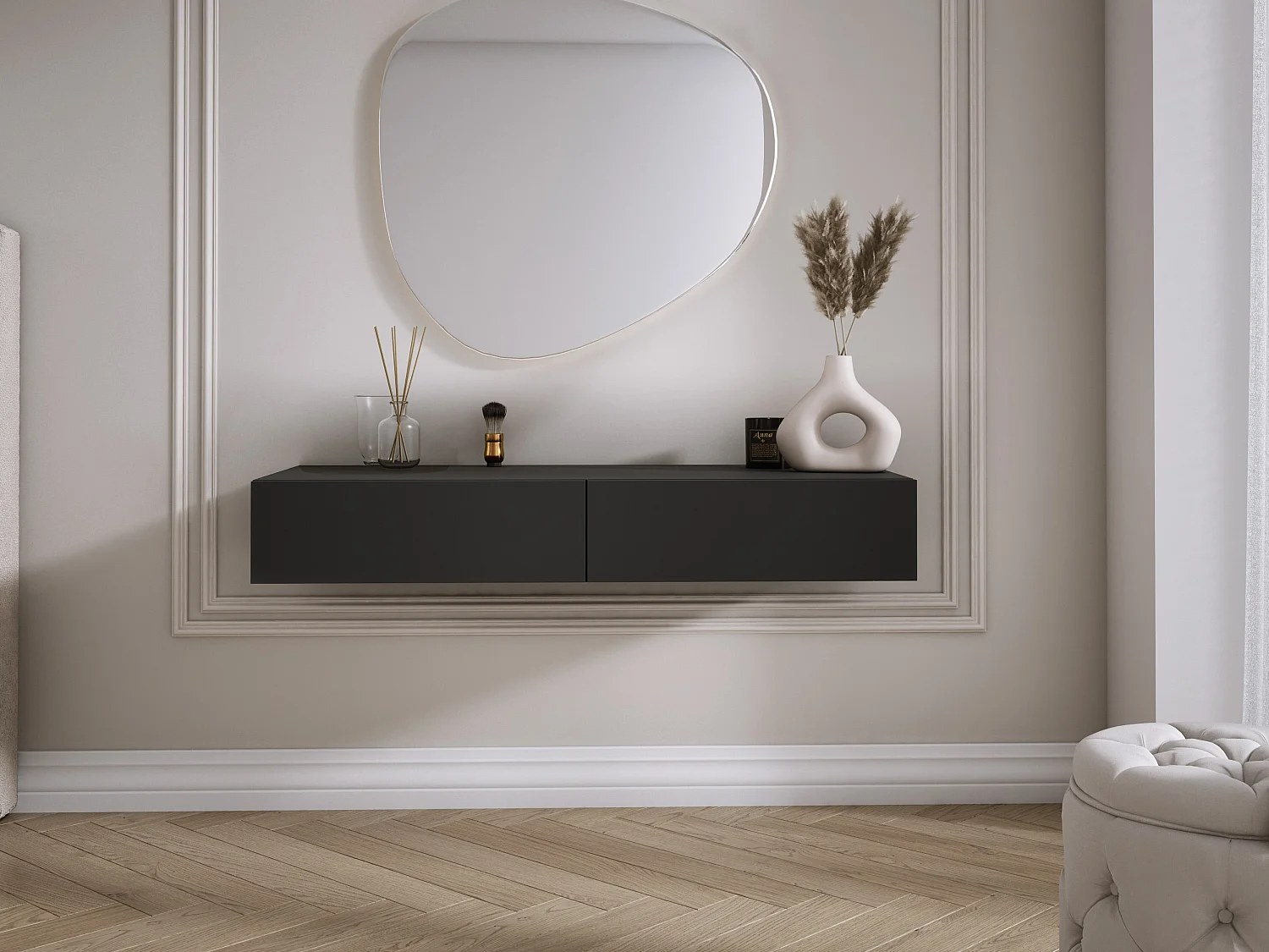 Coiffeuse suspendue avec deux tiroirs, façade lisse - Couleur : noir, 100 x 40 x 16 cm