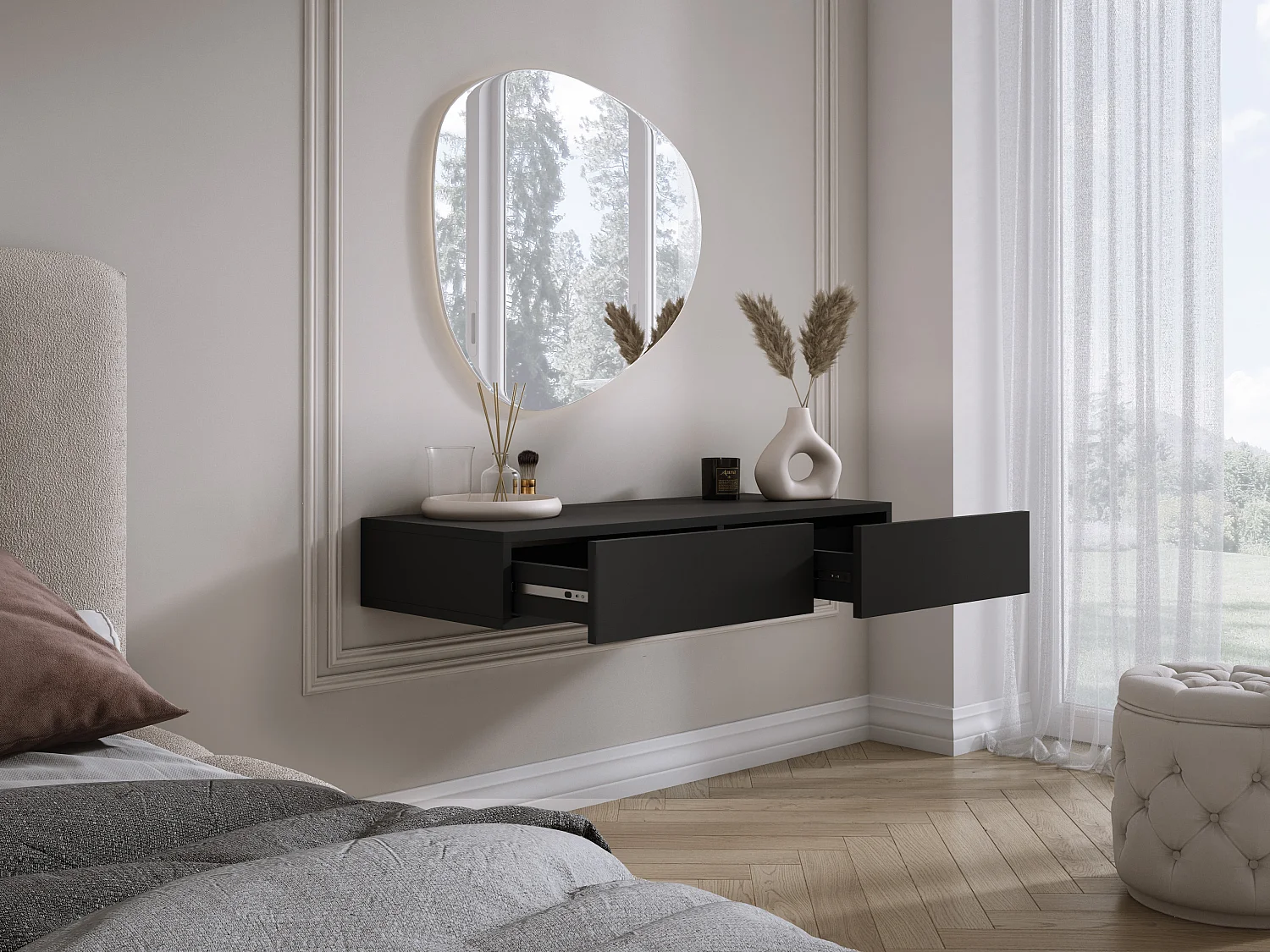 Coiffeuse suspendue avec deux tiroirs, façade lisse - Couleur : noir, 100 x 40 x 16 cm