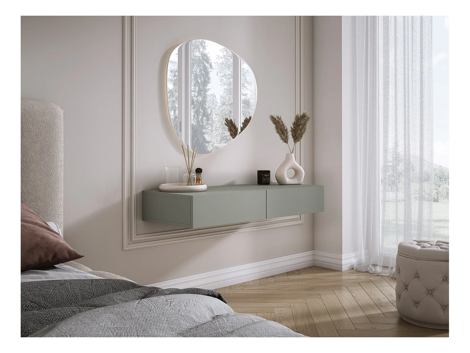 Coiffeuse suspendue avec deux tiroirs, façade lisse - couleur : aloès vert, 100 x 40 x 16 cm