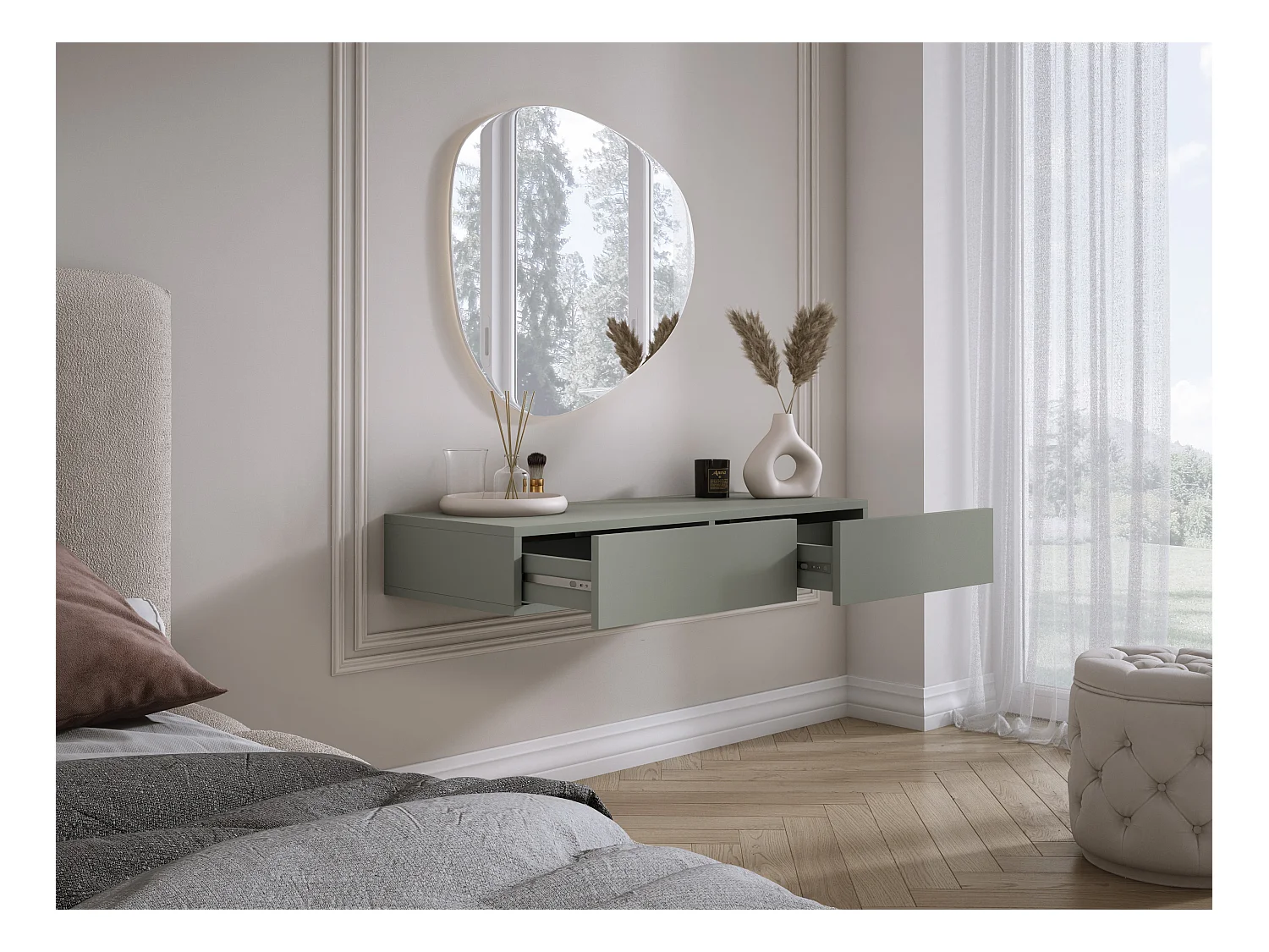 Coiffeuse suspendue avec deux tiroirs, façade lisse - couleur : aloès vert, 100 x 40 x 16 cm