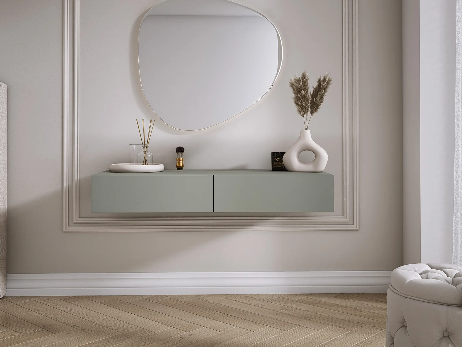 Coiffeuse suspendue avec deux tiroirs, façade lisse - couleur : aloès vert, 100 x 40 x 16 cm