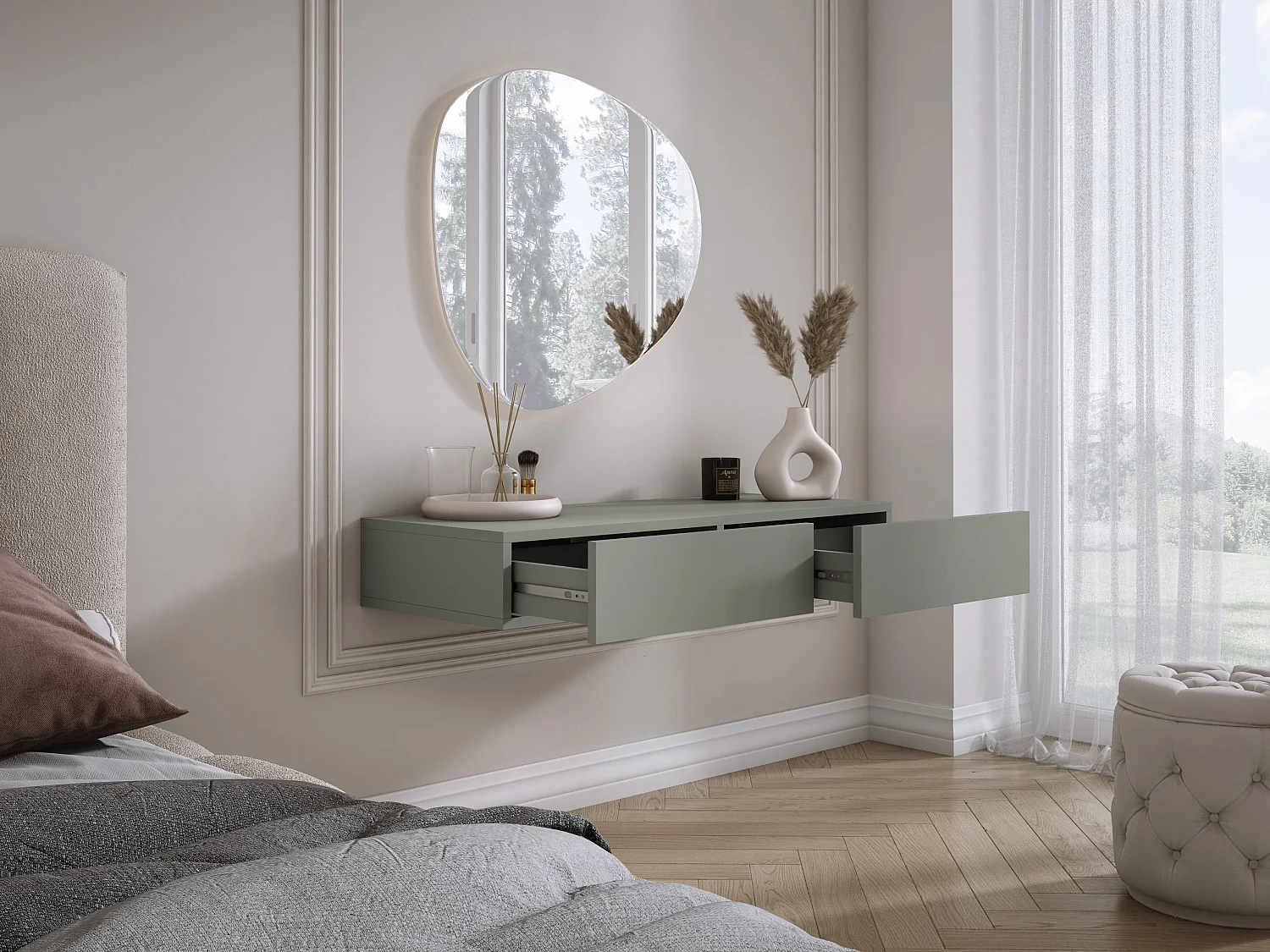 Coiffeuse suspendue avec deux tiroirs, façade lisse - couleur : aloès vert, 100 x 40 x 16 cm