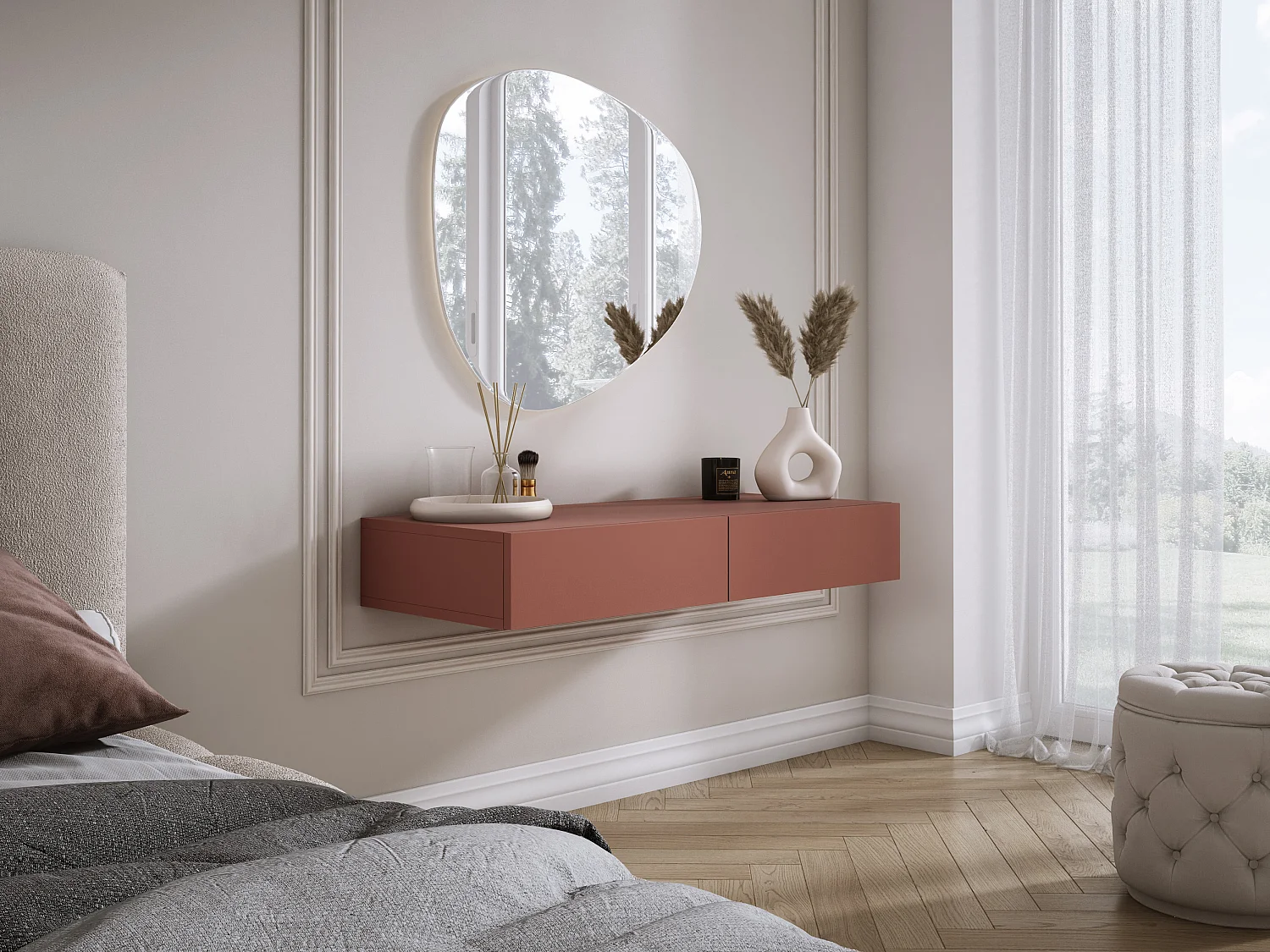 Coiffeuse suspendue avec deux tiroirs, façade lisse - couleur : rouge brique, 100 x 40 x 16 cm