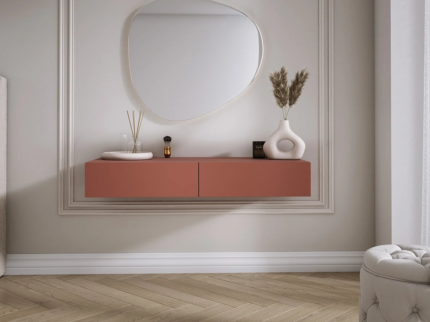 Coiffeuse suspendue avec deux tiroirs, façade lisse - couleur : rouge brique, 100 x 40 x 16 cm