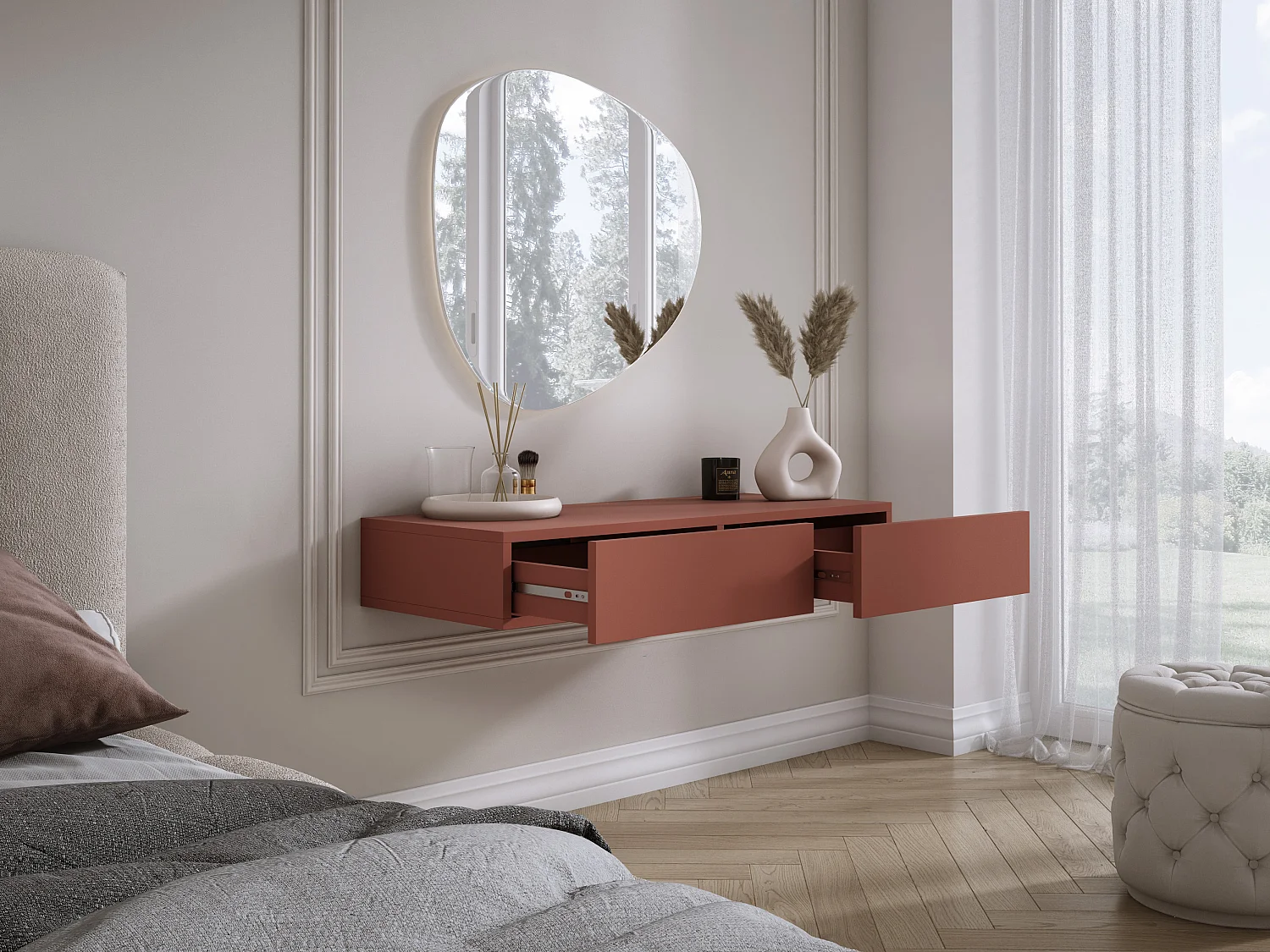 Coiffeuse suspendue avec deux tiroirs, façade lisse - couleur : rouge brique, 100 x 40 x 16 cm