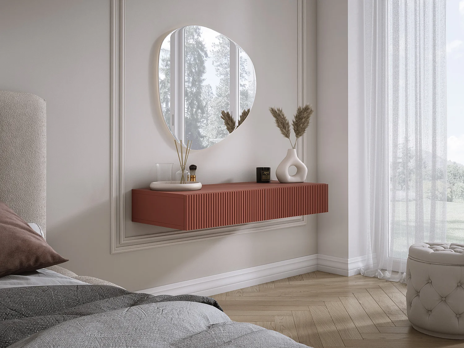 Coiffeuse suspendue avec deux tiroirs, façade rainurée - Couleur : rouge brique, 100 x 40 x 16 cm