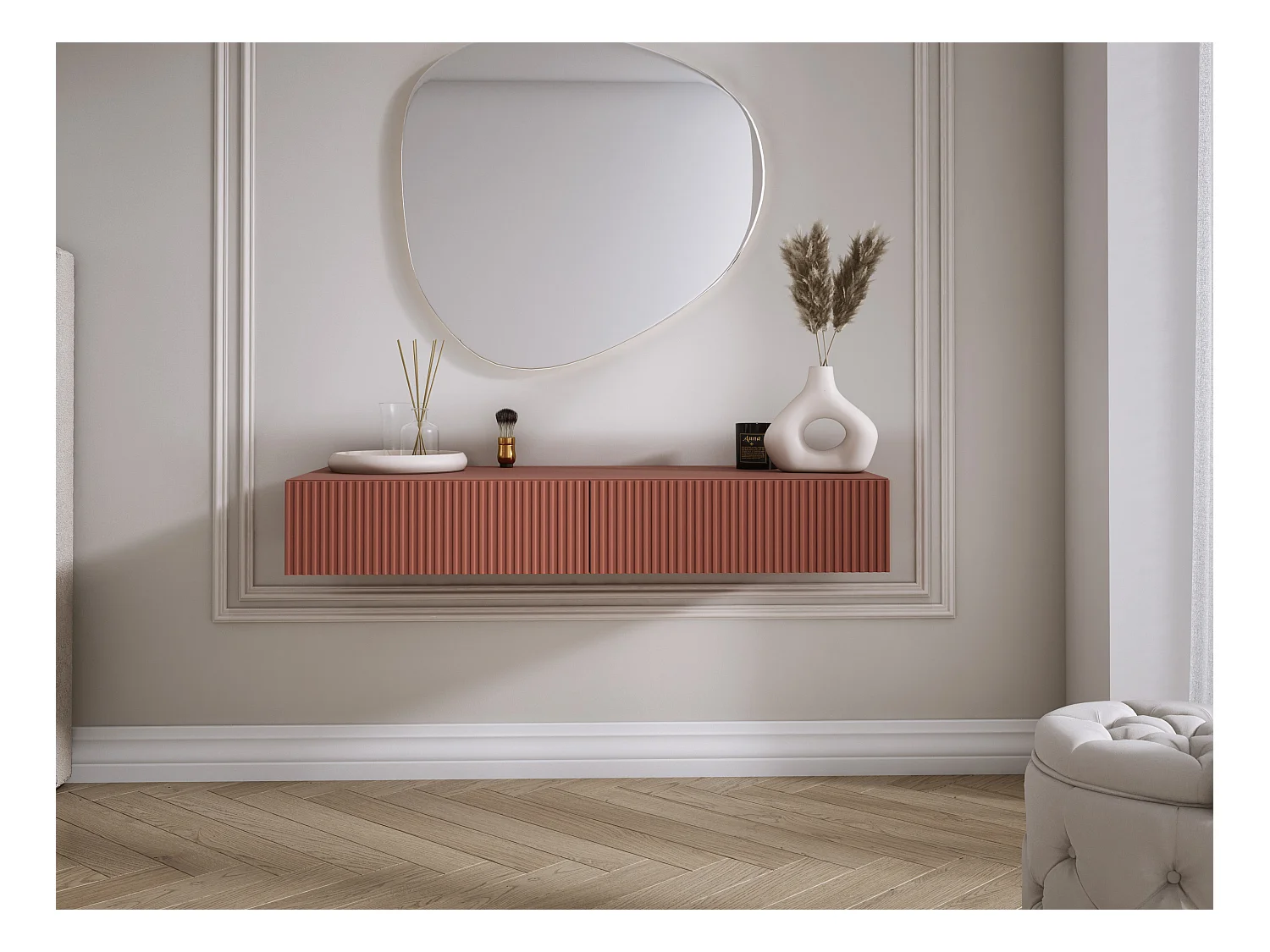 Coiffeuse suspendue avec deux tiroirs, façade rainurée - Couleur : rouge brique, 100 x 40 x 16 cm