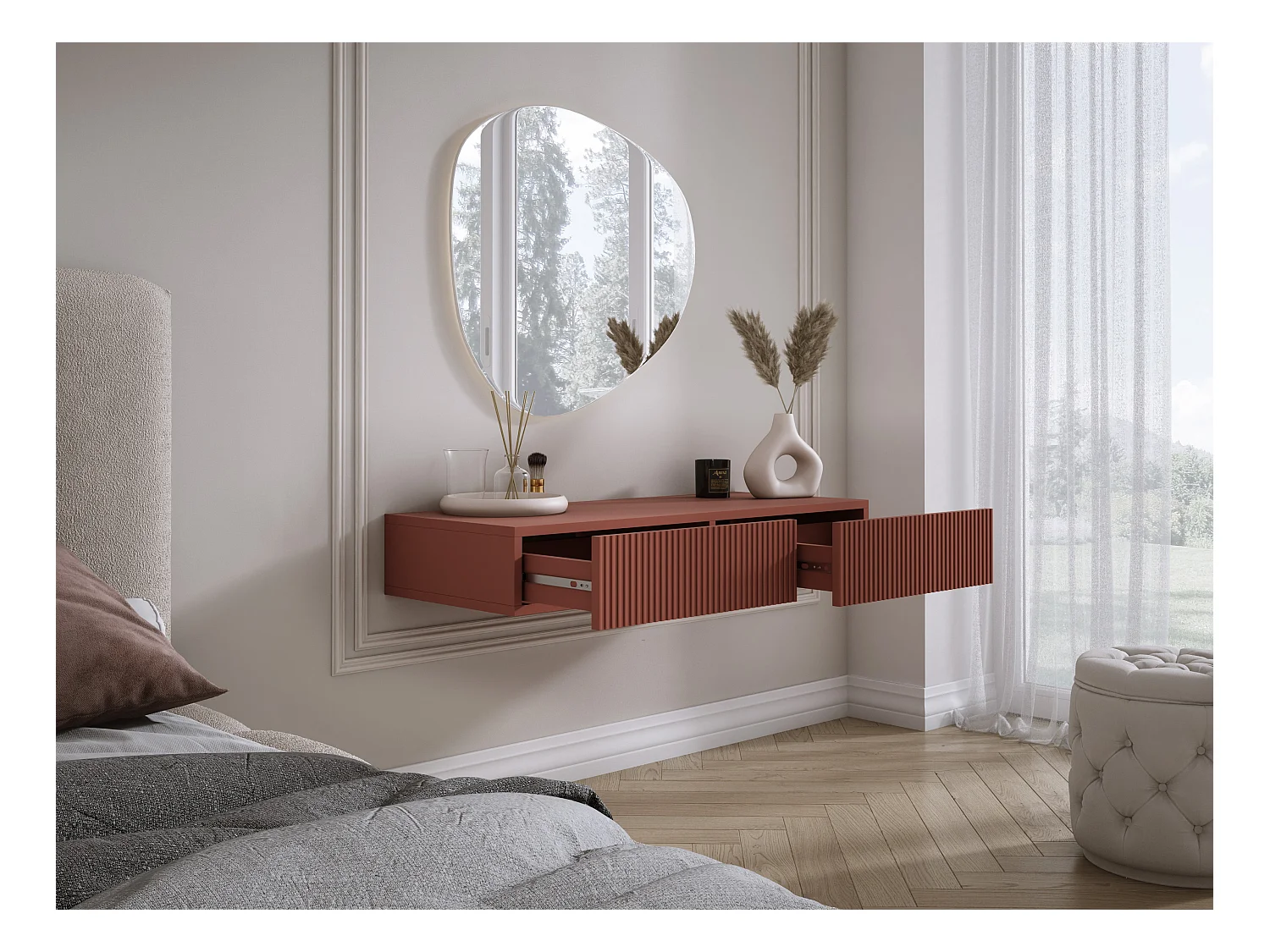 Coiffeuse suspendue avec deux tiroirs, façade rainurée - Couleur : rouge brique, 100 x 40 x 16 cm