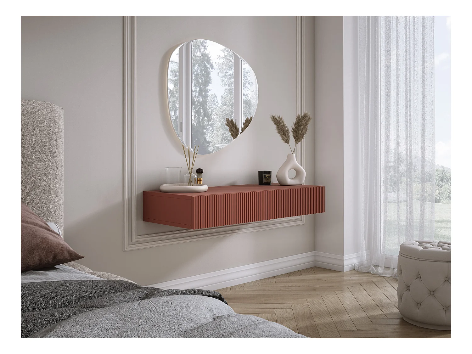 Coiffeuse suspendue avec deux tiroirs, façade rainurée - Couleur : rouge brique, 100 x 40 x 16 cm