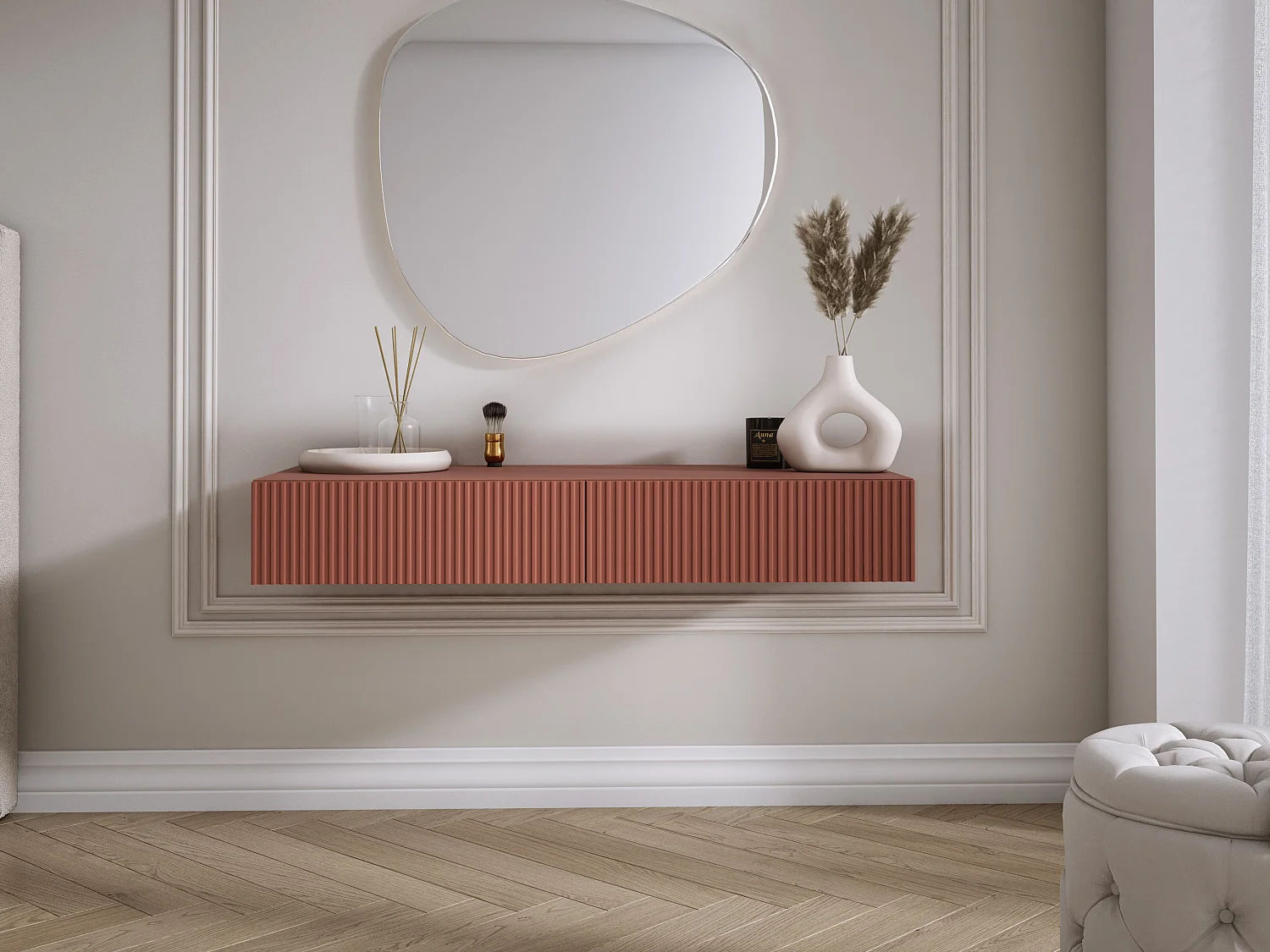 Coiffeuse suspendue avec deux tiroirs, façade rainurée - Couleur : rouge brique, 100 x 40 x 16 cm