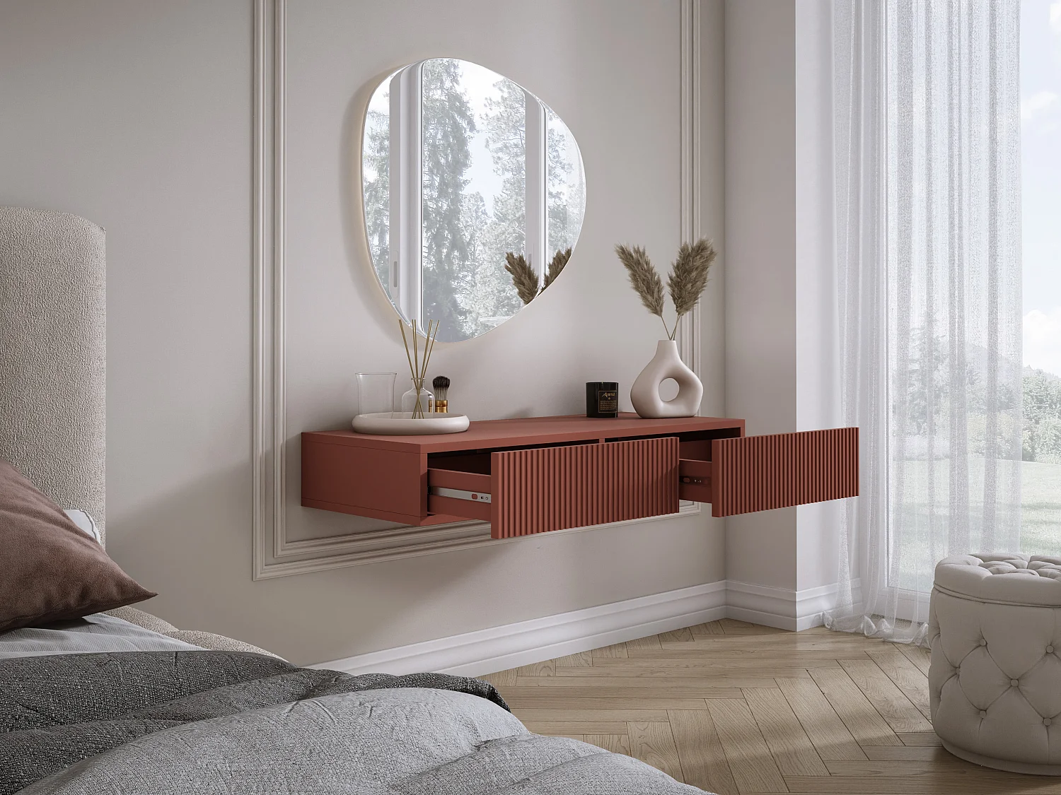 Coiffeuse suspendue avec deux tiroirs, façade rainurée - Couleur : rouge brique, 100 x 40 x 16 cm