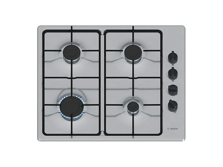 Table gaz inox, 60 cm, SER2, inox, 4 brûleurs, Fonte avec pieds en caou BOSCH - PBP6B5K80