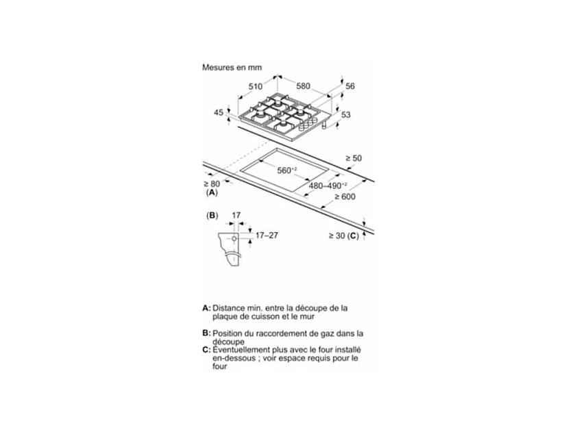 Table gaz inox, 60 cm, SER2, inox, 4 brûleurs, Fonte avec pieds en caou BOSCH - PBP6B5K80