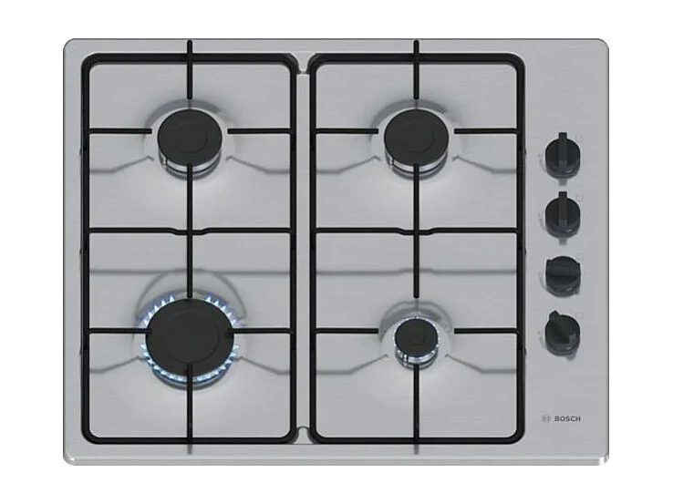 Table gaz inox, 60 cm, SER2, inox, 4 brûleurs, Fonte avec pieds en caou BOSCH - PBP6B5K80