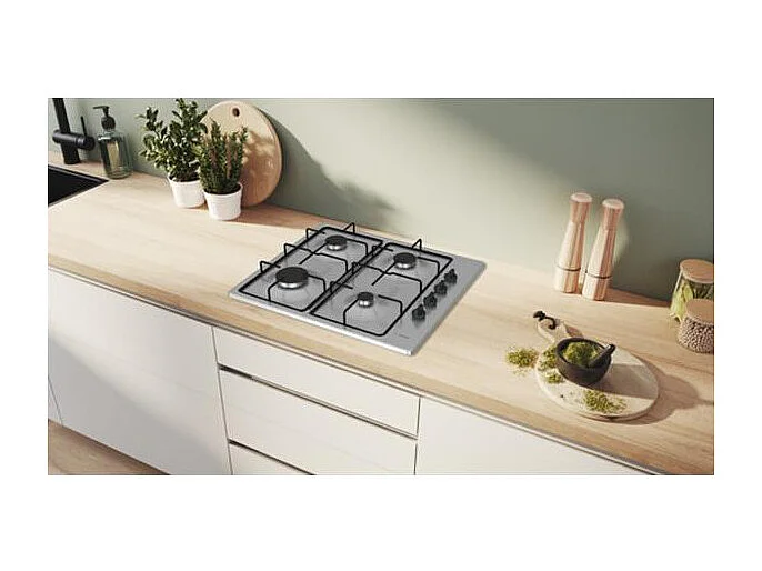 Table gaz inox, 60 cm, SER2, inox, 4 brûleurs, Fonte avec pieds en caou BOSCH - PBP6B5K80