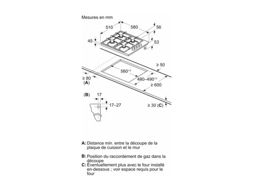 Table gaz inox, 60 cm, SER2, inox, 4 brûleurs, Fonte avec pieds en caou BOSCH - PBP6B5K80