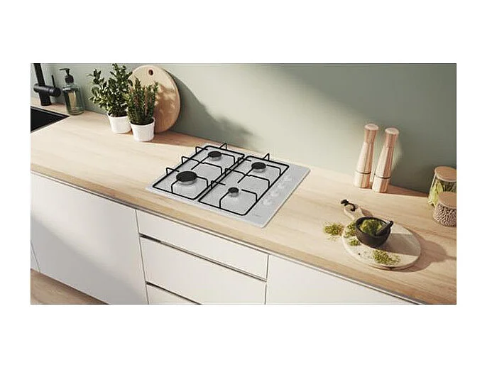 Table gaz inox, 60 cm, SER2, 4 brûleurs, Fonte avec pieds en caoutchouc BOSCH - PBP6B2K80