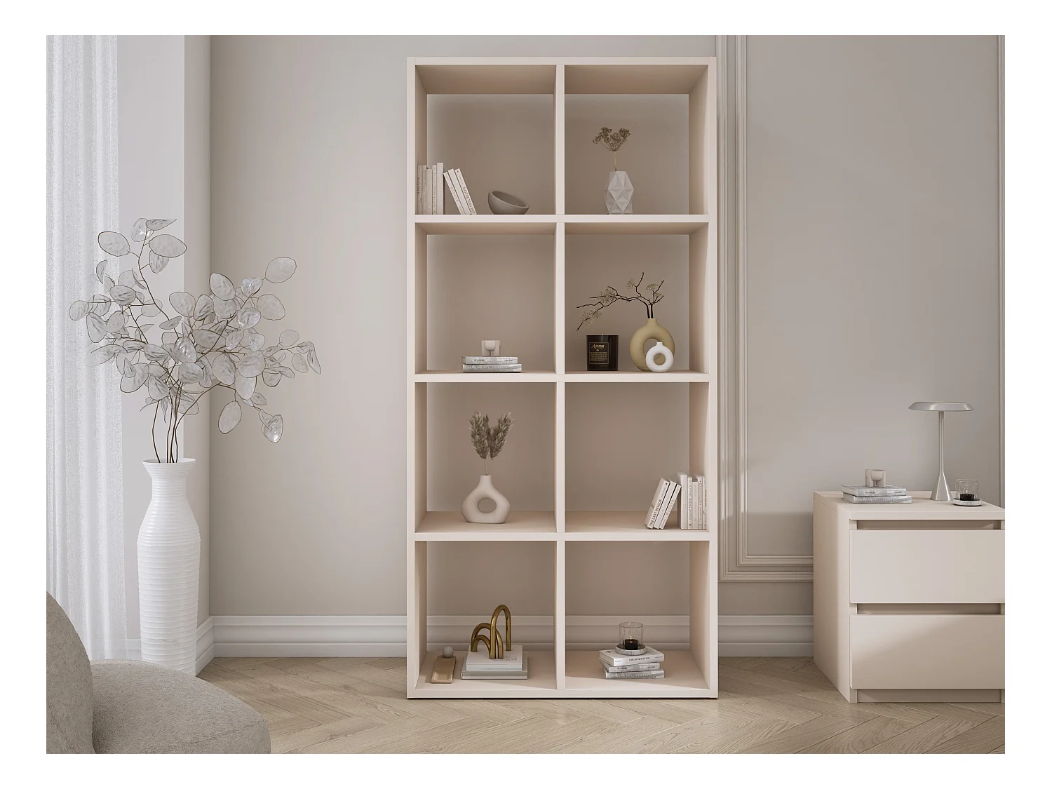 Boekenkast met 8 vakken – Kleur: Kasjmier – 147 × 74 × 30 cm, verticaal of horizontaal