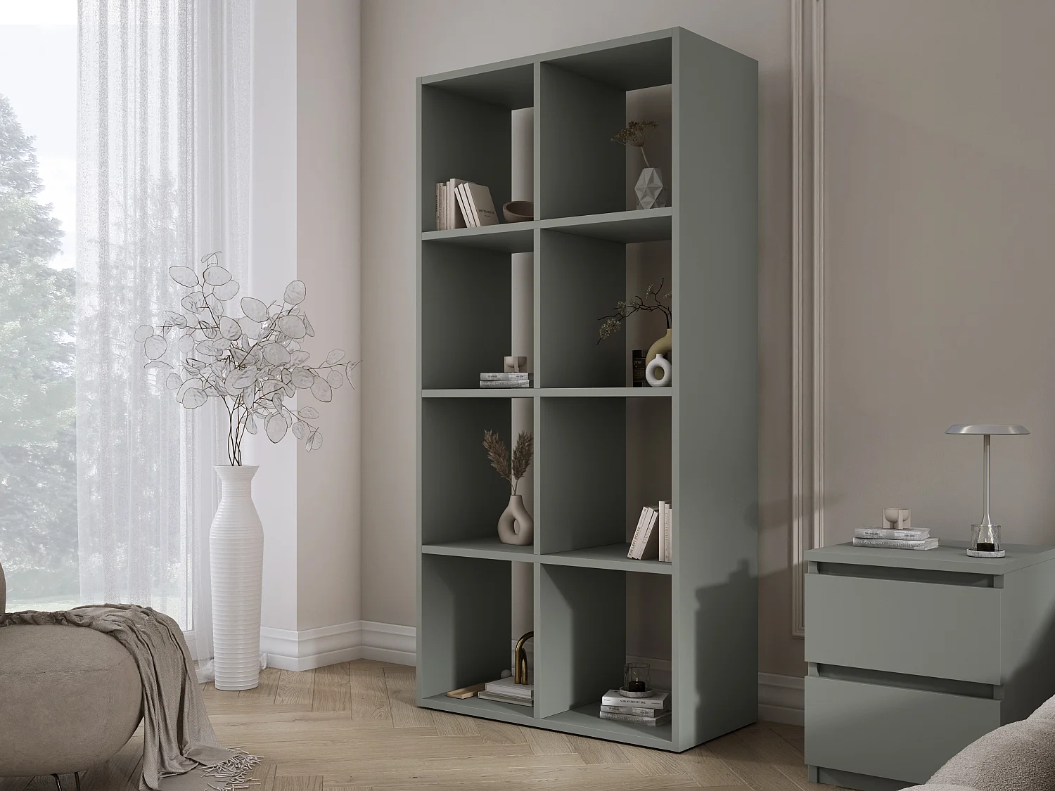 Bibliothèque à 8 compartiments, Couleur : aloès vert, 147 × 74 × 30 cm, verticale ou horizontale