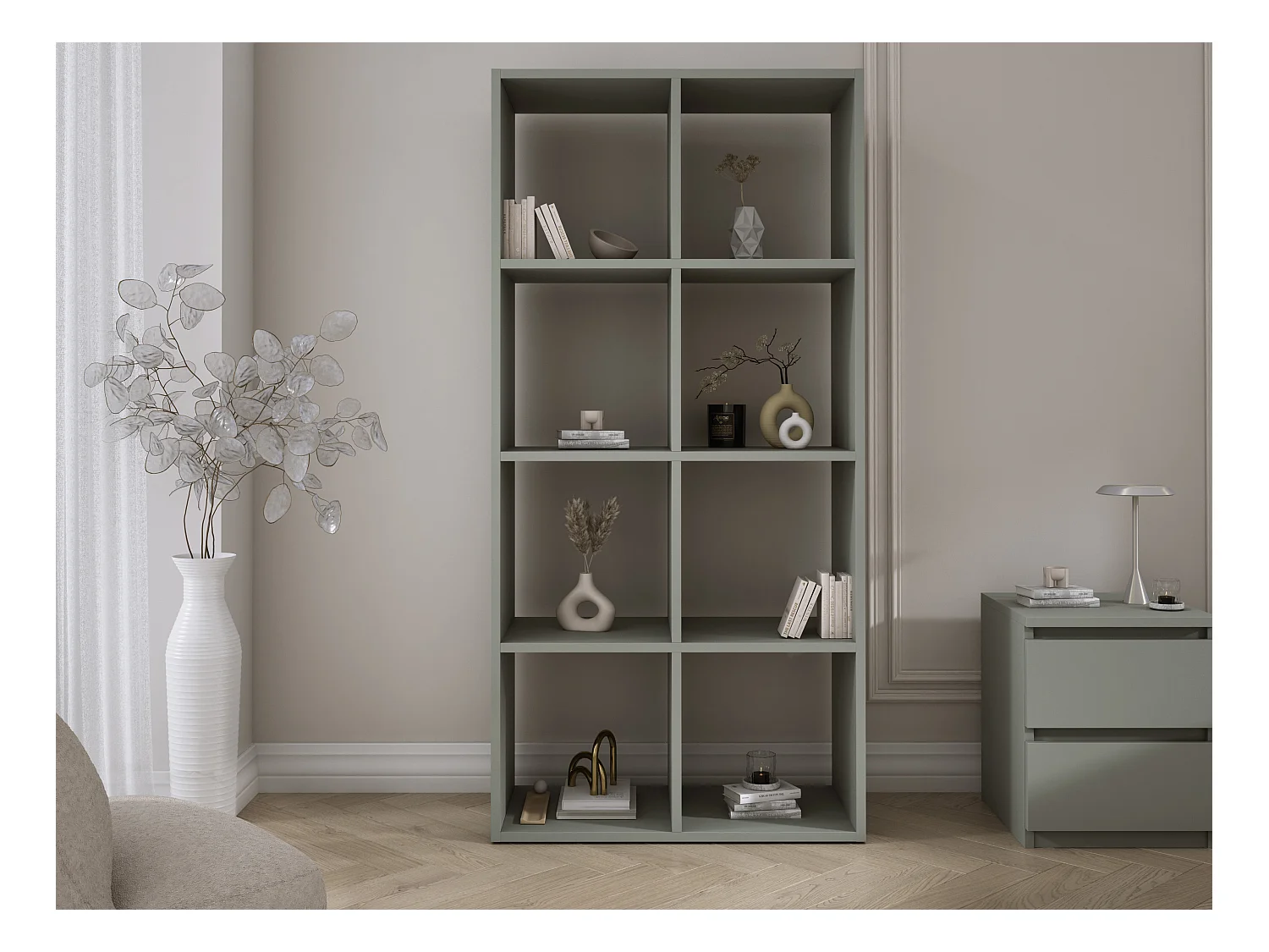 Boekenkast met 8 vakken – Kleur: Aloë – 147 × 74 × 30 cm, verticaal of horizontaal