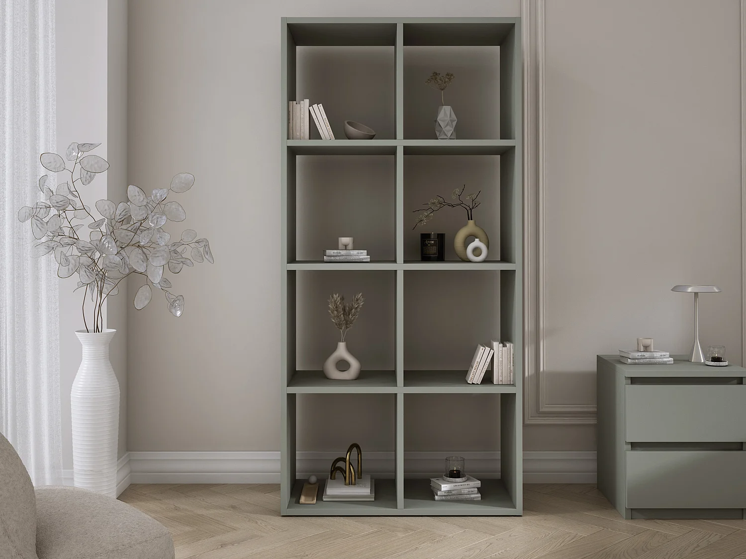 Bibliothèque à 8 compartiments, Couleur : aloès vert, 147 × 74 × 30 cm, verticale ou horizontale