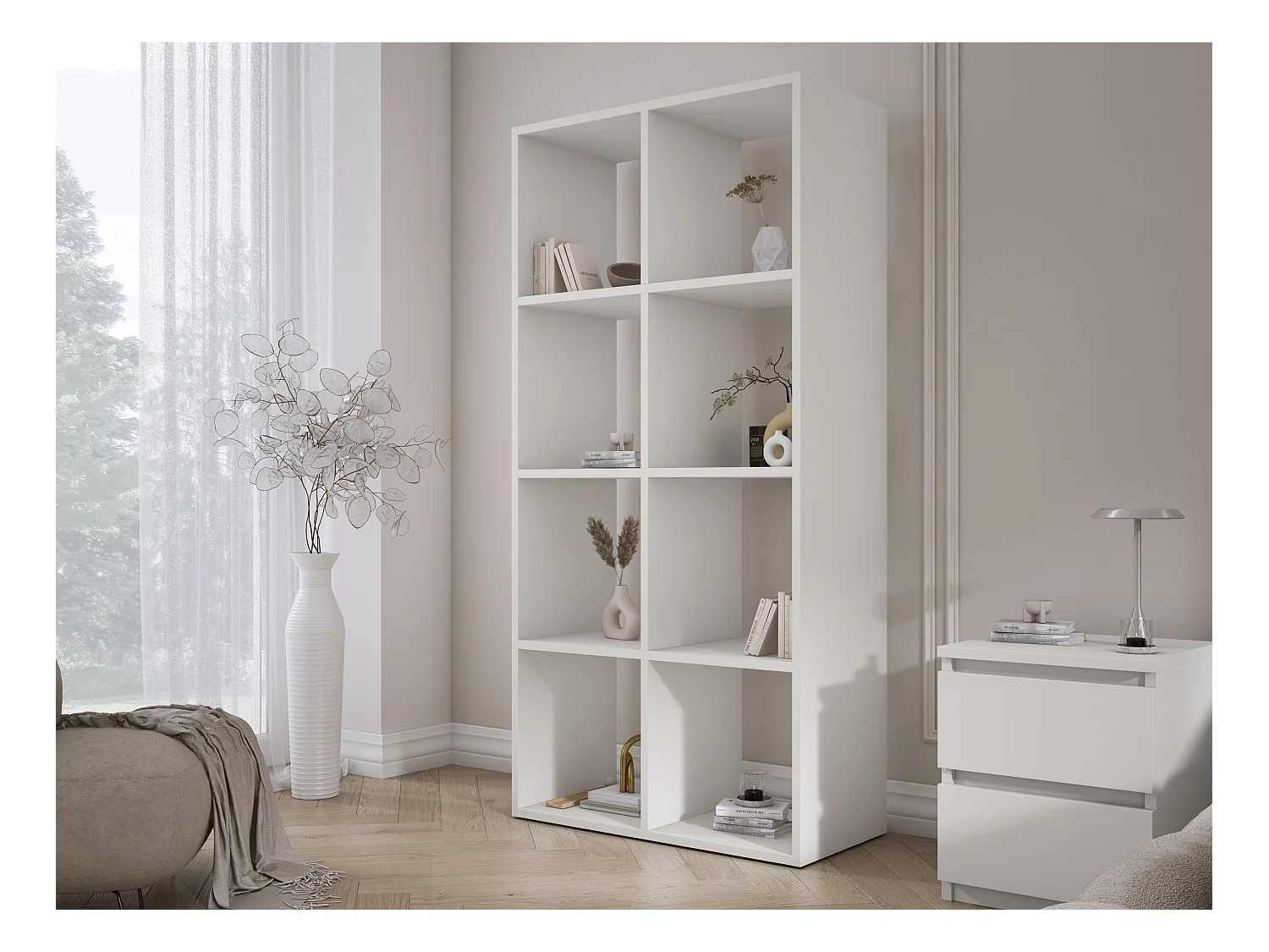 Bibliothèque à 8 compartiments, Couleur : blanc, 147 × 74 × 30 cm, verticale ou horizontale