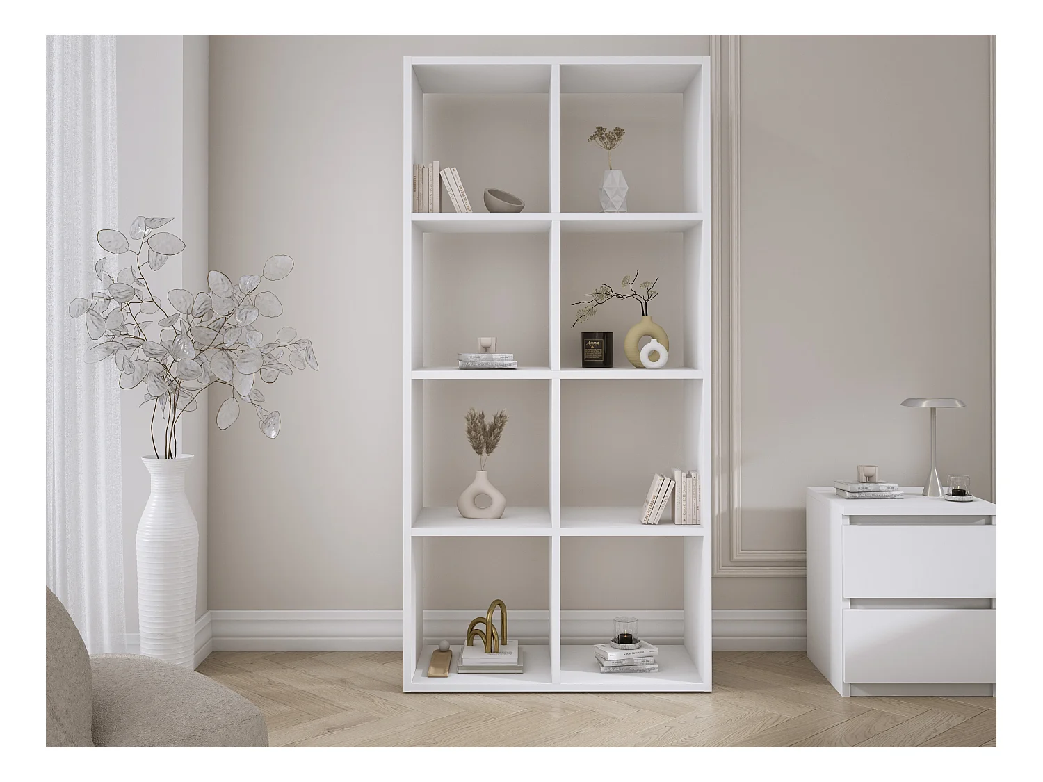 Boekenkast met 8 vakken – Kleur: Wit – 147 × 74 × 30 cm, verticaal of horizontaal