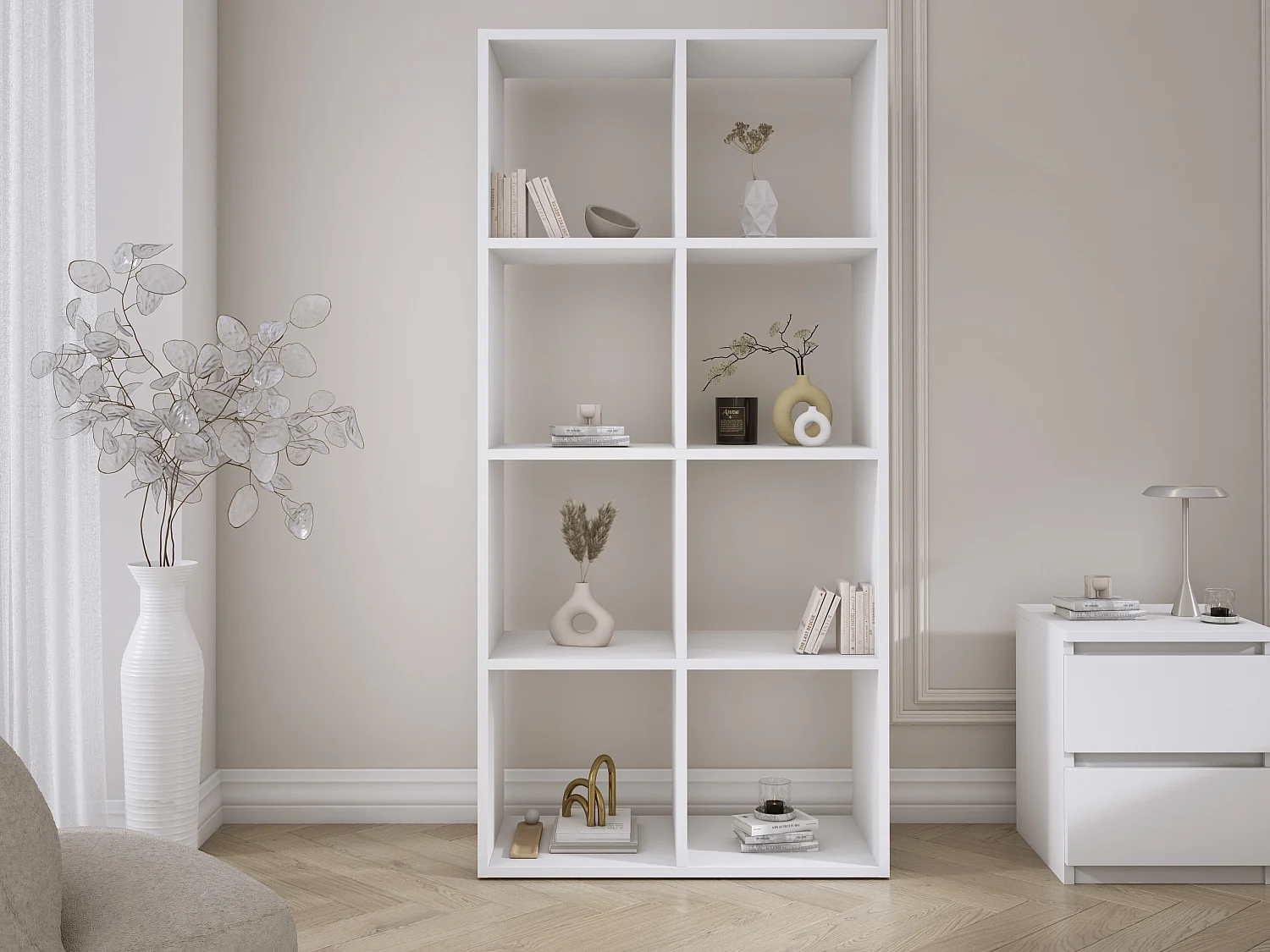 Bibliothèque à 8 compartiments, Couleur : blanc, 147 × 74 × 30 cm, verticale ou horizontale