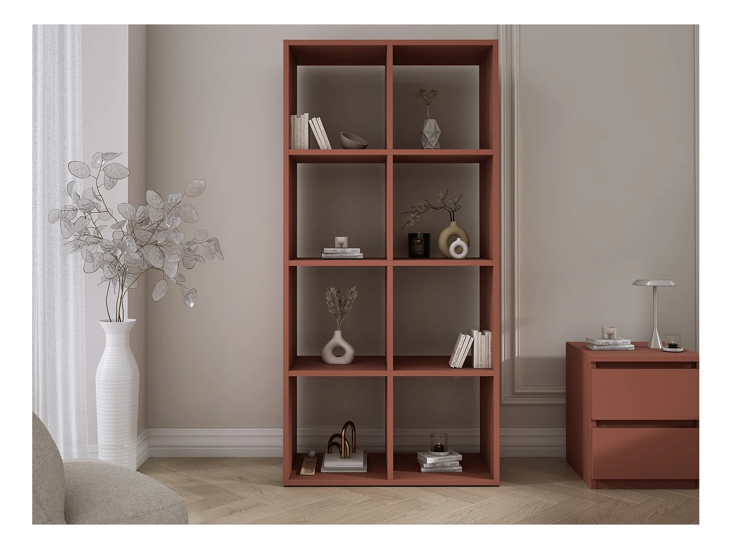 Bibliothèque à 8 compartiments, Couleur : rouge brique, 147 × 74 × 30 cm, verticale ou horizontale