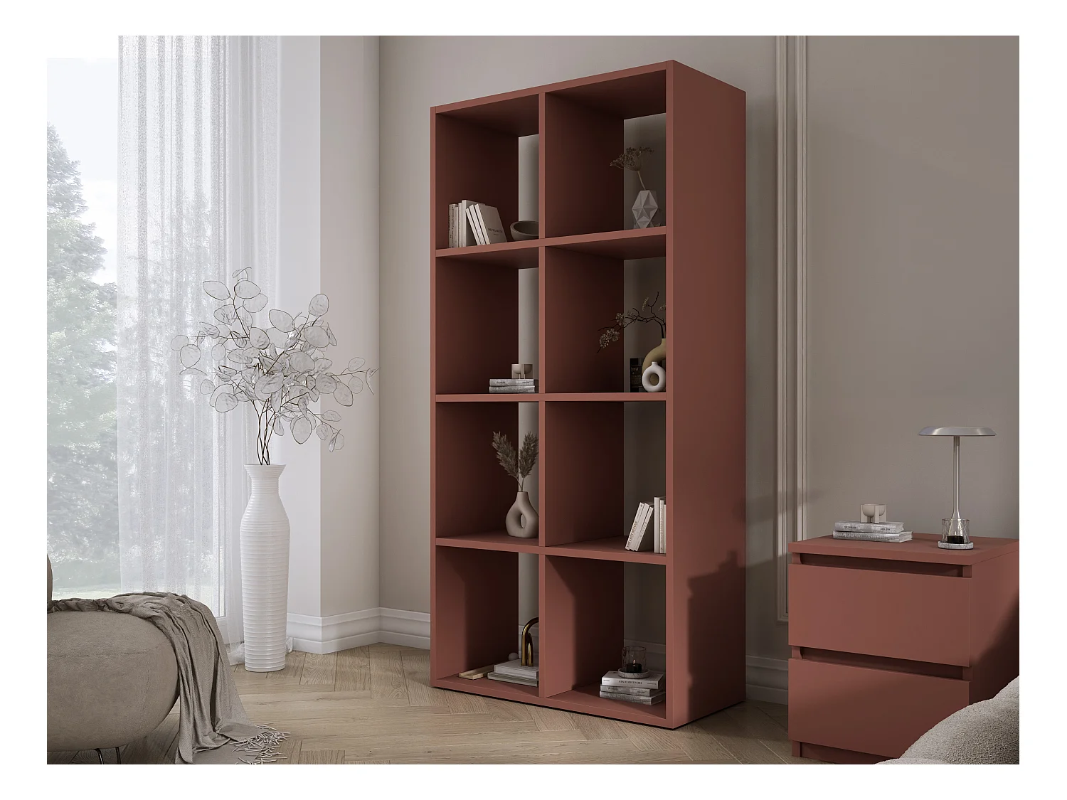 Bibliothèque à 8 compartiments, Couleur : rouge brique, 147 × 74 × 30 cm, verticale ou horizontale