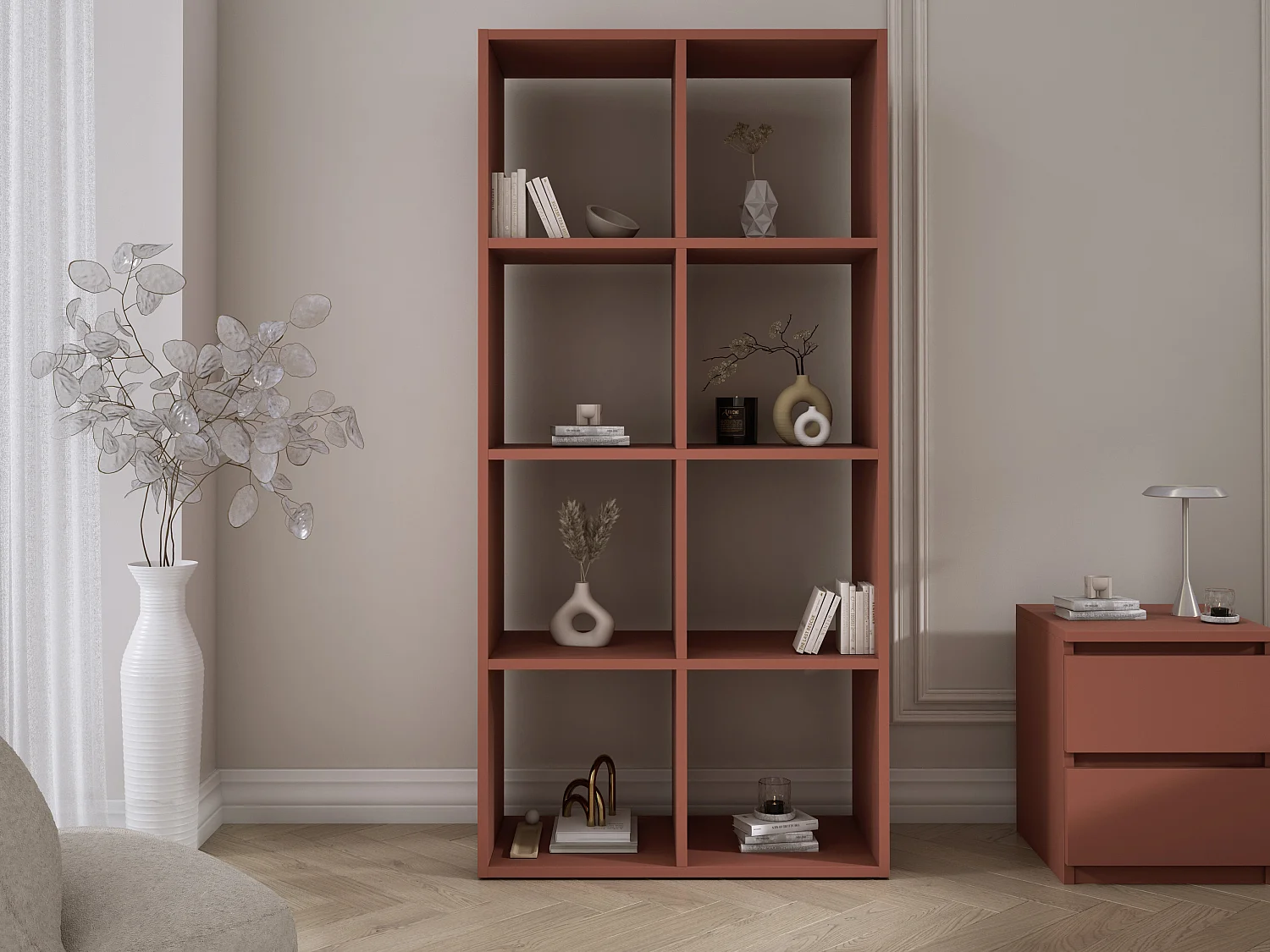 Boekenkast met 8 vakken – Kleur: Baksteen – 147 × 74 × 30 cm, verticaal of horizontaal