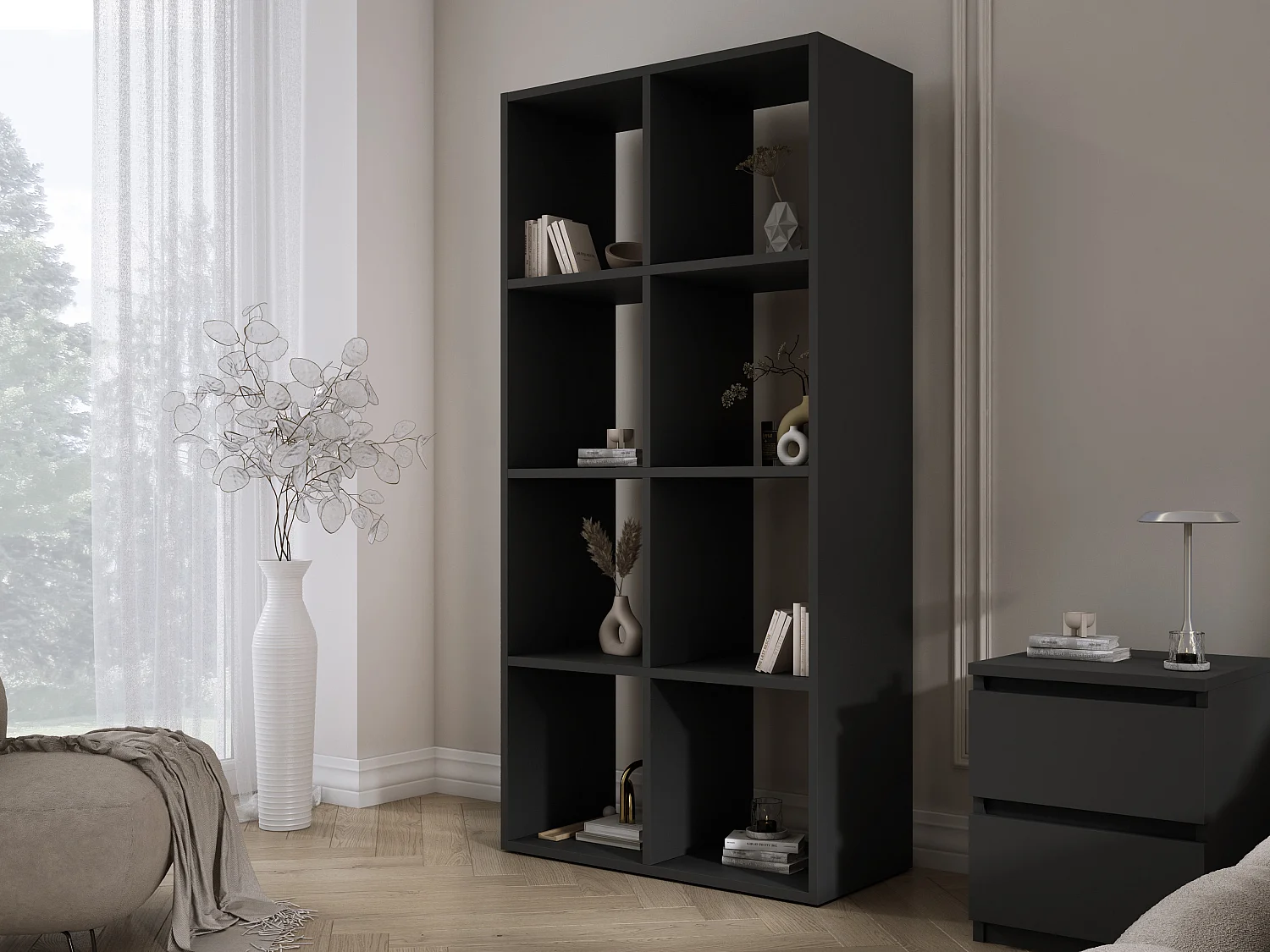 Bibliothèque à 8 compartiments, Couleur : noir, 147 × 74 × 30 cm, verticale ou horizontale