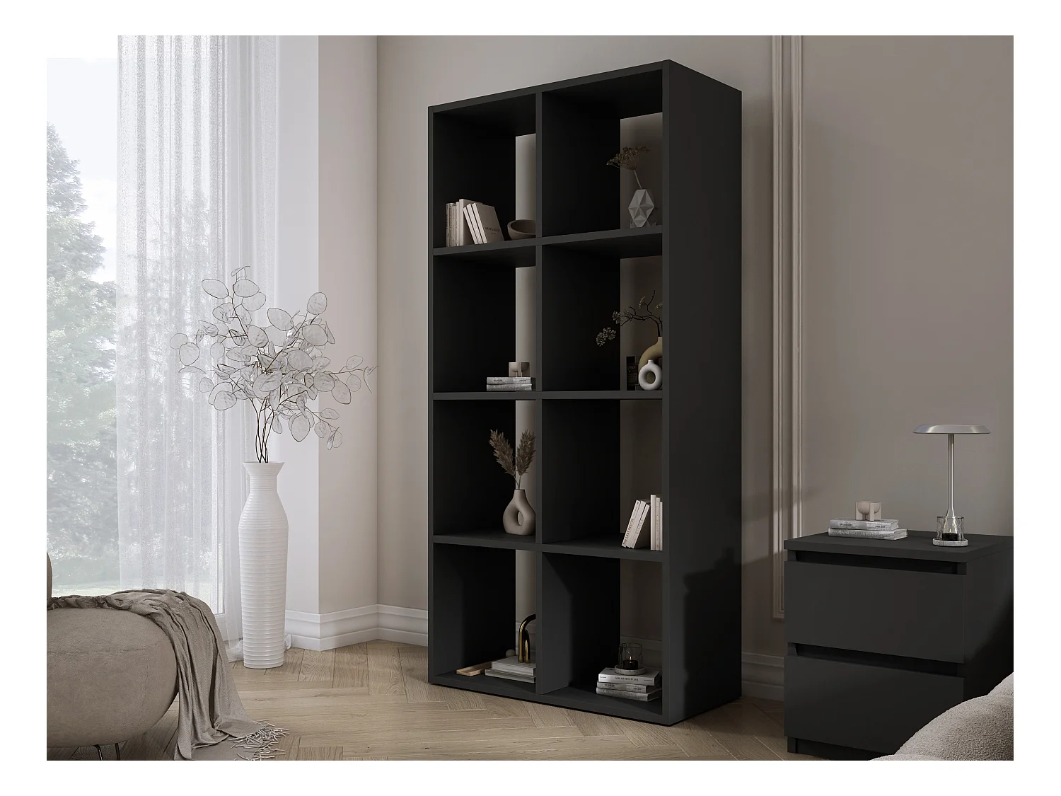 Bibliothèque à 8 compartiments, Couleur : noir, 147 × 74 × 30 cm, verticale ou horizontale