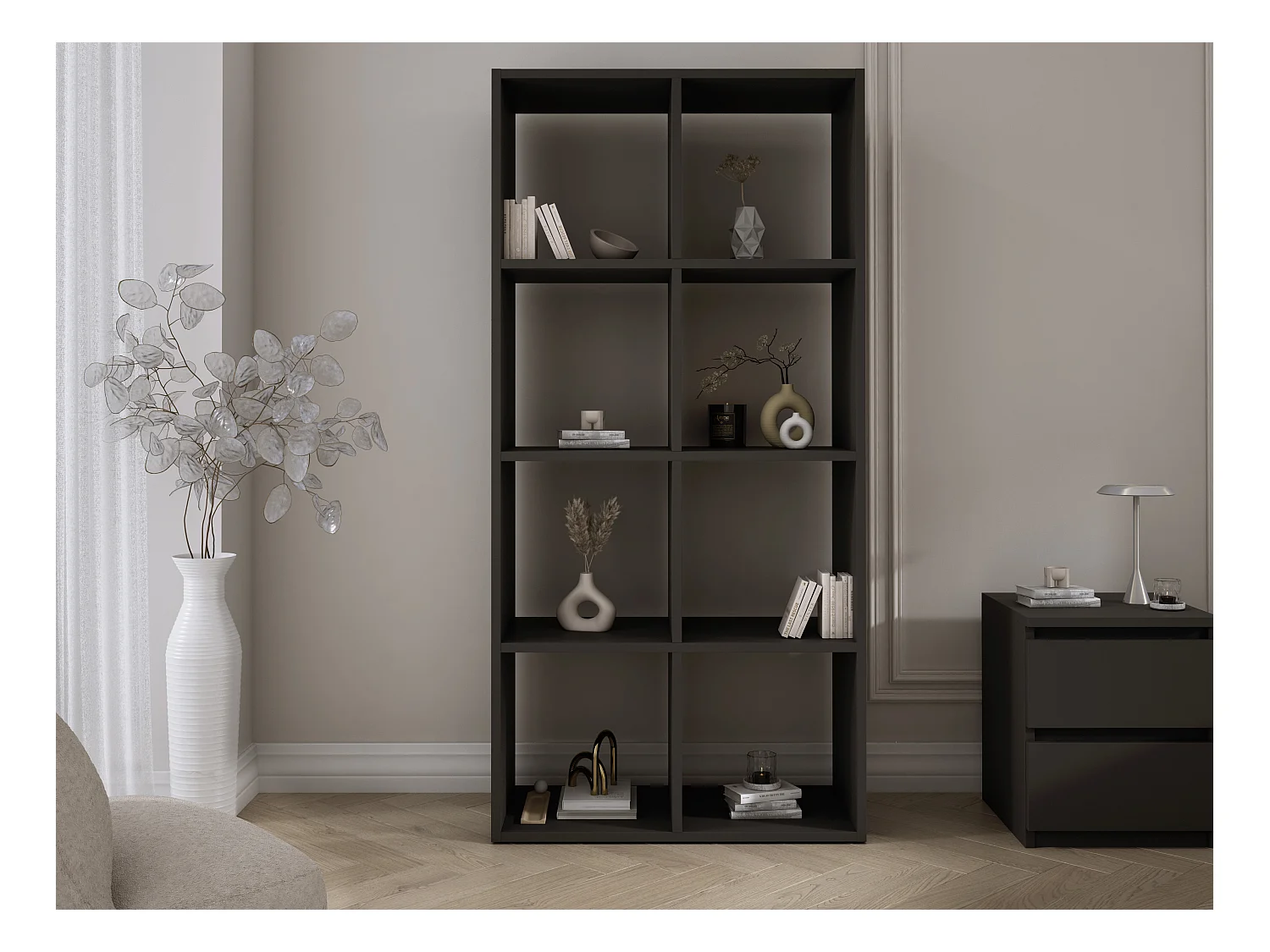 Boekenkast met 8 vakken – Kleur: Zwart – 147 × 74 × 30 cm, verticaal of horizontaal