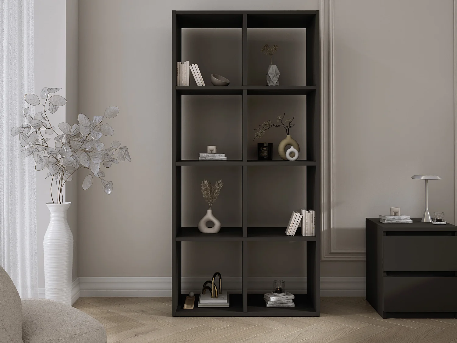 Bibliothèque à 8 compartiments, Couleur : noir, 147 × 74 × 30 cm, verticale ou horizontale