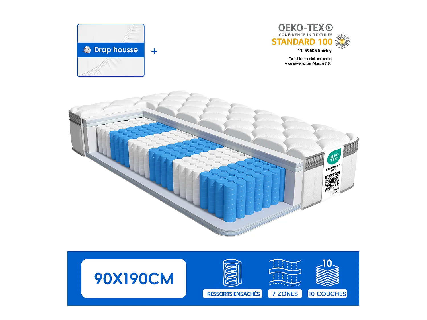 Matelas 90x190 cm,Matelas 90x190 Ressort, matelas ressorts epaisseur 25cm, 7 zones conception, matelas avec drap-housse, mousse à mémoire