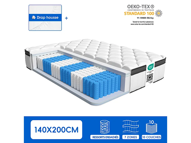 Matelas 140x200 Ressorts EnsachÉs,Matelas 10 couches avec ressorts ensachés,Fermeté H3,Matelas d'Appoint 7 Zones de Confort