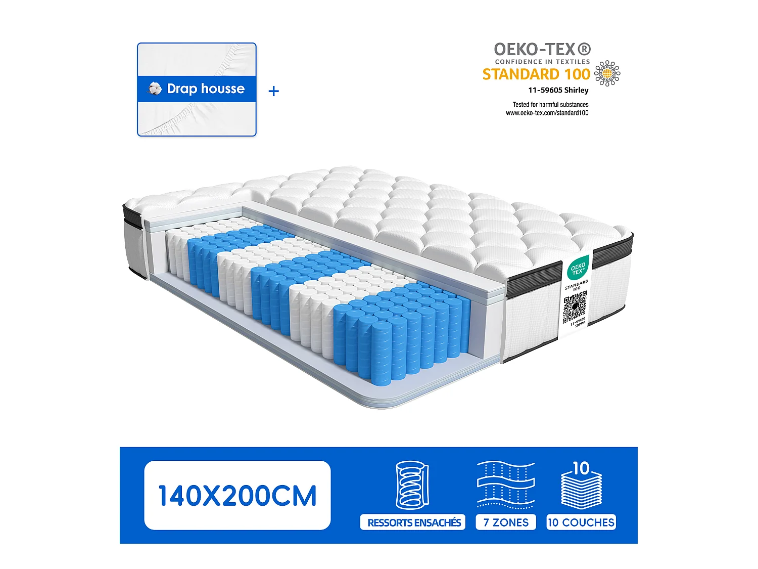 Matelas 140x200 Ressorts EnsachÉs,Matelas 10 couches avec ressorts ensachés,Fermeté H3,Matelas d'Appoint 7 Zones de Confort