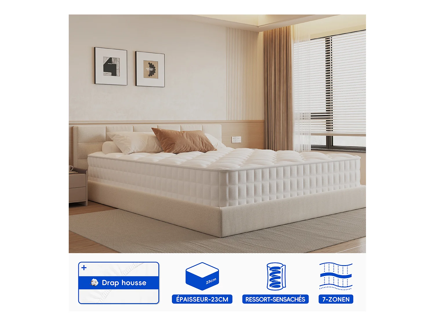 Hiazurm Matelas 140x 190 cm hauteur 22cm 10 couches de confort avec noyau à ressorts niveau de fermeté h3matelas 1 place à 7 zones matelas avec drap