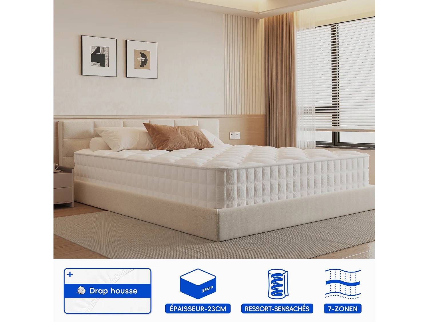 Hiazurm Matelas 140x 190 cm hauteur 23cm 10 couches de confort avec noyau à ressorts niveau de fermeté h3matelas 1 place à 7 zones matelas avec drap