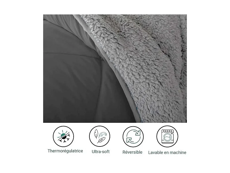 Couette 220x240 cm INRE - 400g/m² Peluche Douce - Réversible - Très Chaude - Lavable en Machine - Anti Acariens - Gris