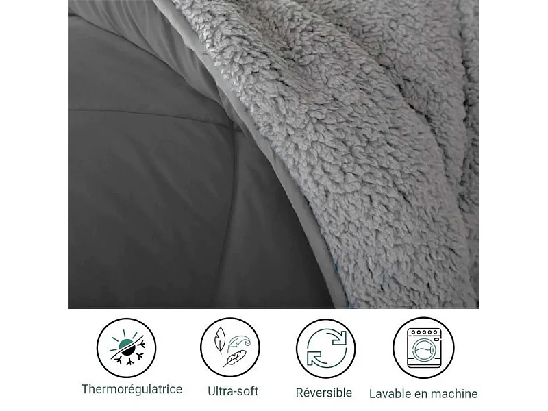 Bettdecke 220x240 cm INRE – 400 g/m² weicher Plüsch – Wendbar – Sehr warm – Maschinenwaschbar – Milbendicht – Grau
