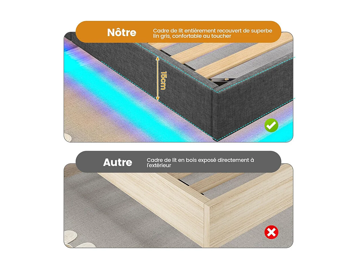 Lit Adulte 180 x 200 cm INRE - Lit Double avec Lumières LED en bas - Sommier à Lattes - Lit pour 2 Personnes - Gris