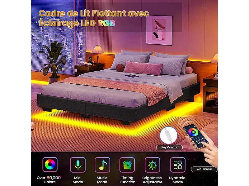 Lit Adulte 180 x 200 cm INRE - Lit Double avec Lumières LED en bas - Sommier à Lattes - Lit pour 2 Personnes - Gris